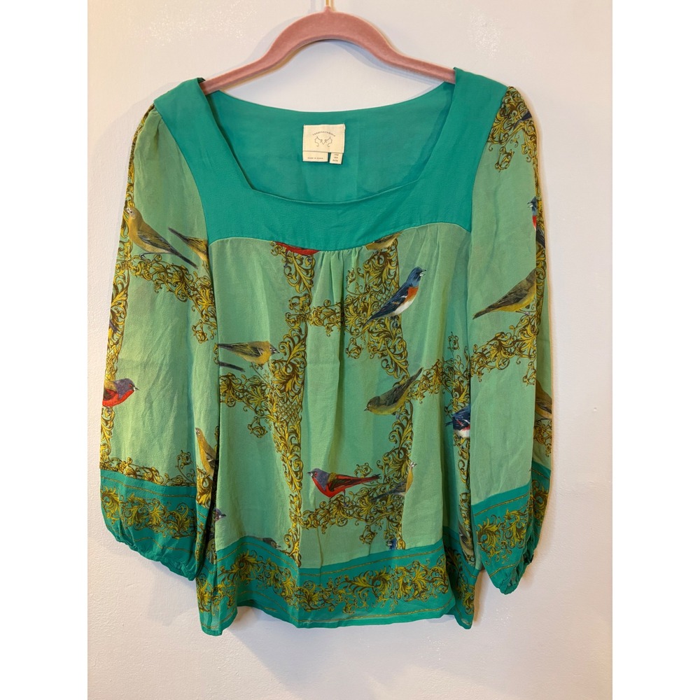 Vanessa Virginia Green Silk Bird Print Peasant Top S 4